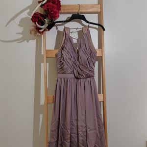 Open Back draped silk gown in dusty taupe
